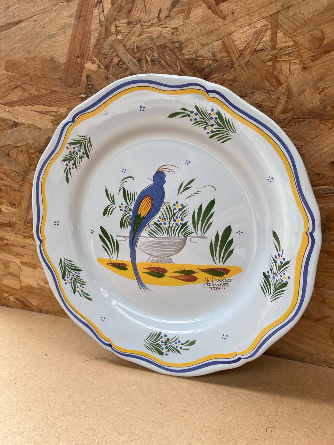 Old quimper henriot ceramic plate vintage bird decor #b190