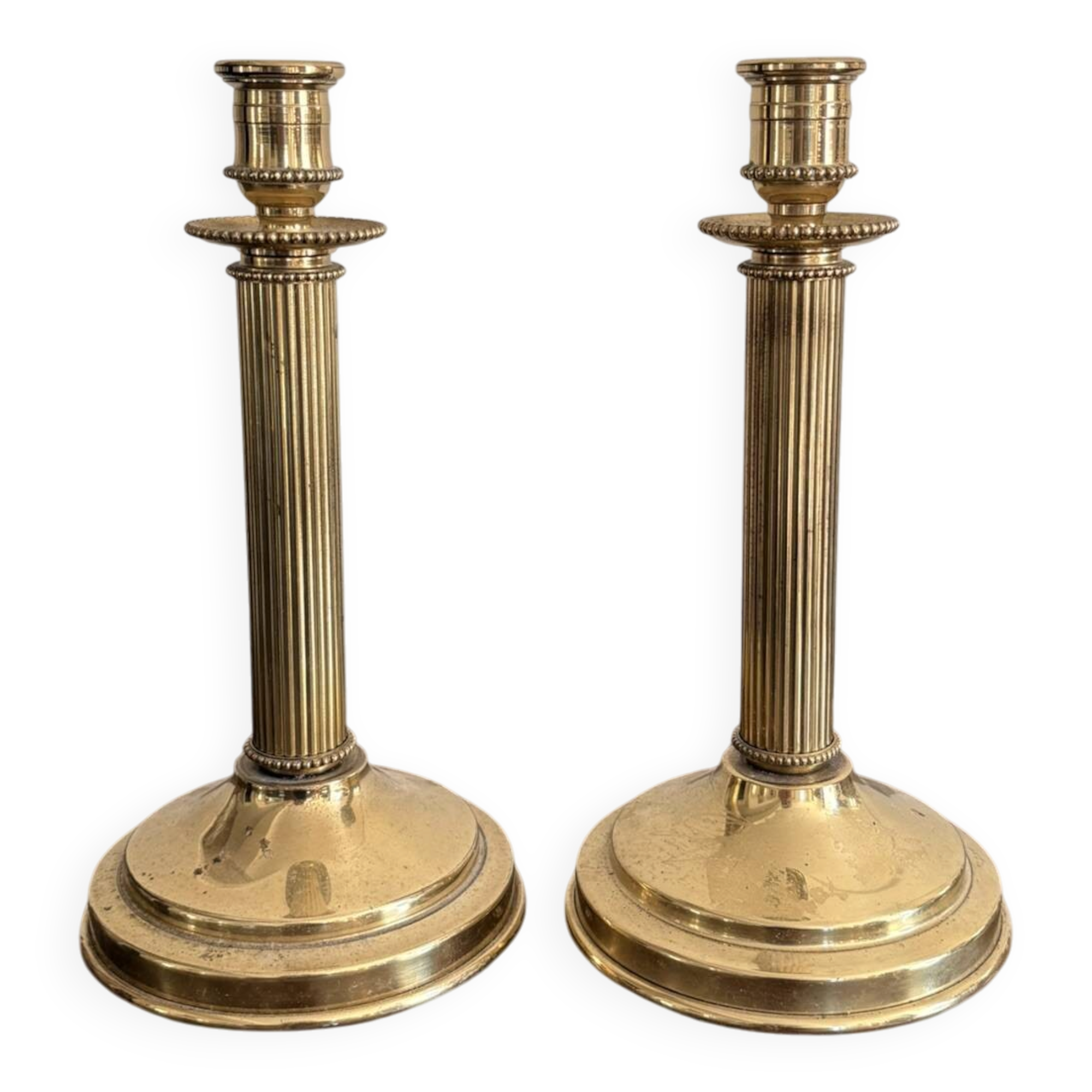 Antique Pair of Gilded Brass Candle Holders Empire Column Louis XVI Villedieu