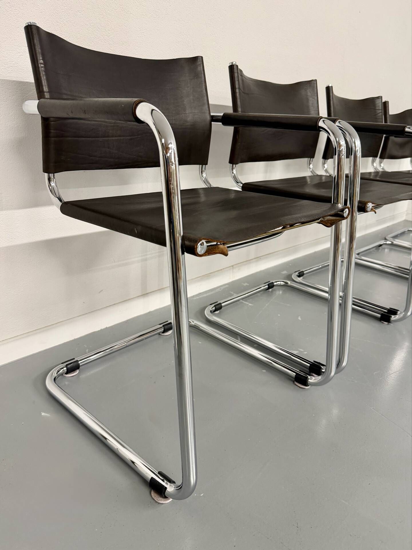 Lot of 5 tubular metal leather chairs designed by Mart Stam, Bauhaus, 1970s.