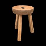 Antique brutalist tripod stool in solid wood