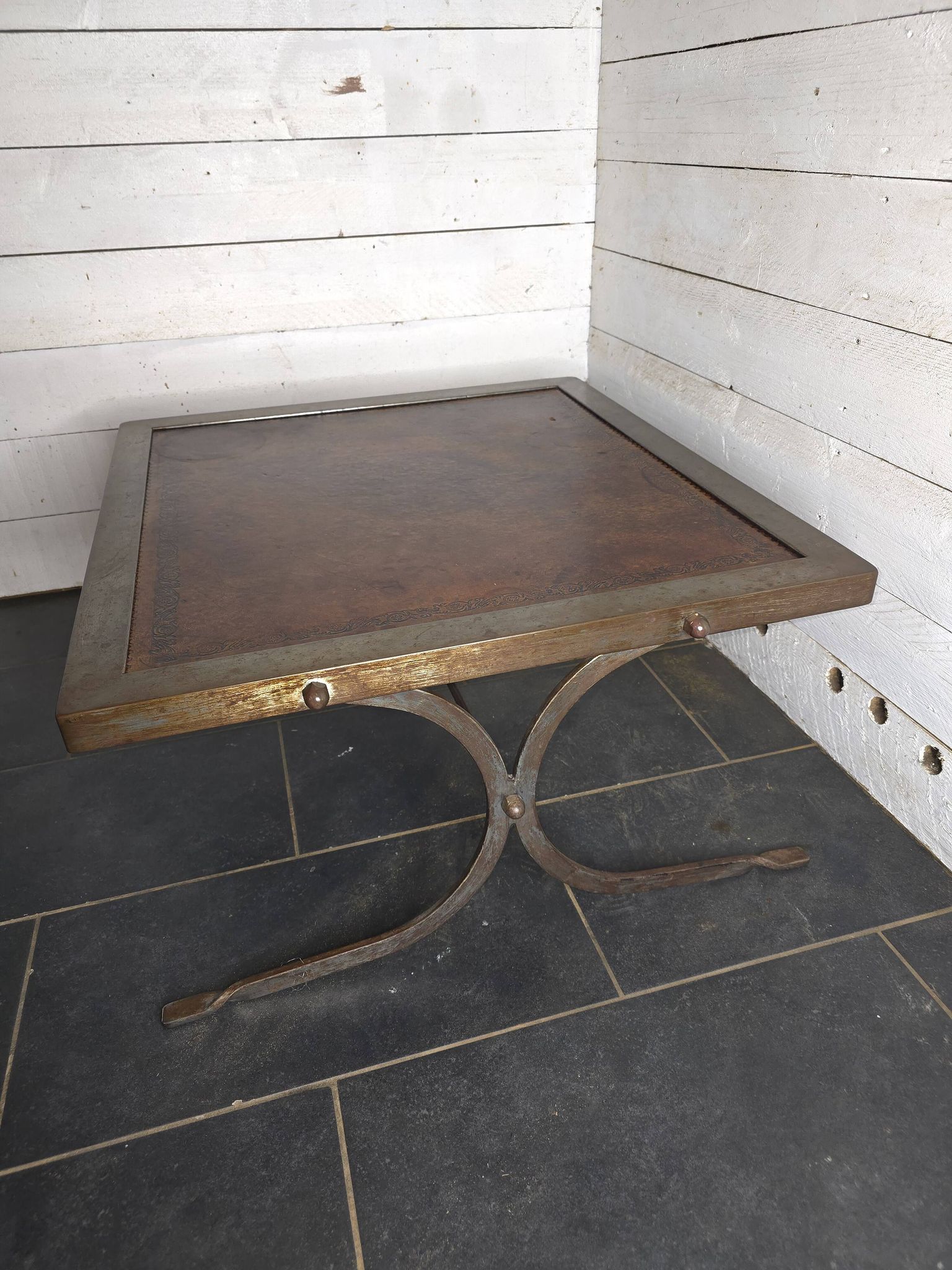 Vintage steel and leather coffee table