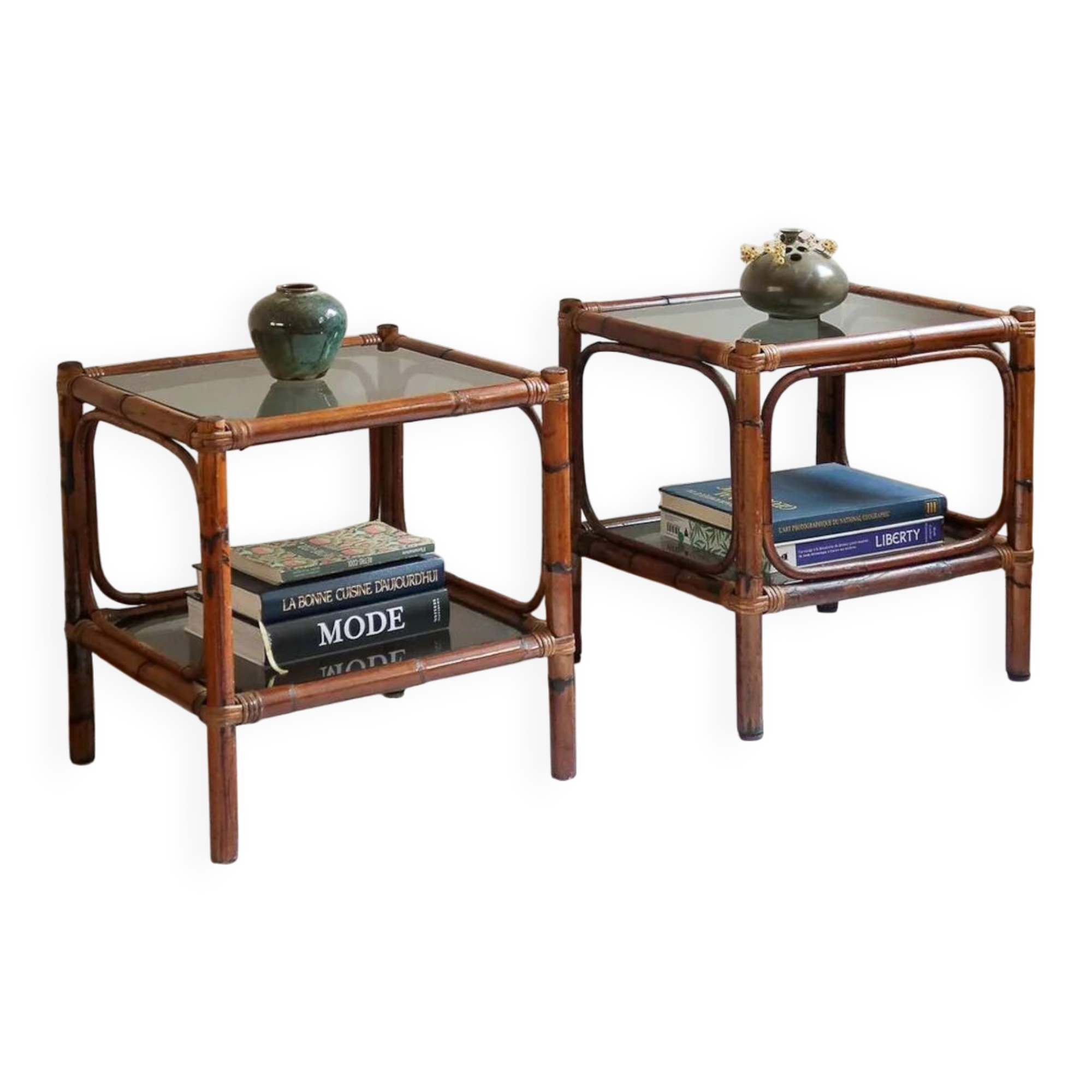 Pair of bamboo and rattan bedside tables, smoked glass tops.