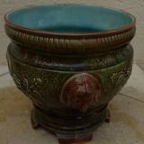 Cache pot ancien en faience avec décor femme