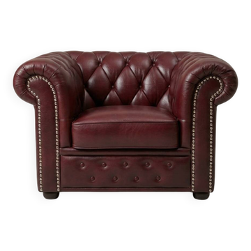 Vintage Chesterfield armchair in burgundy leather - teak frame, 1960s
