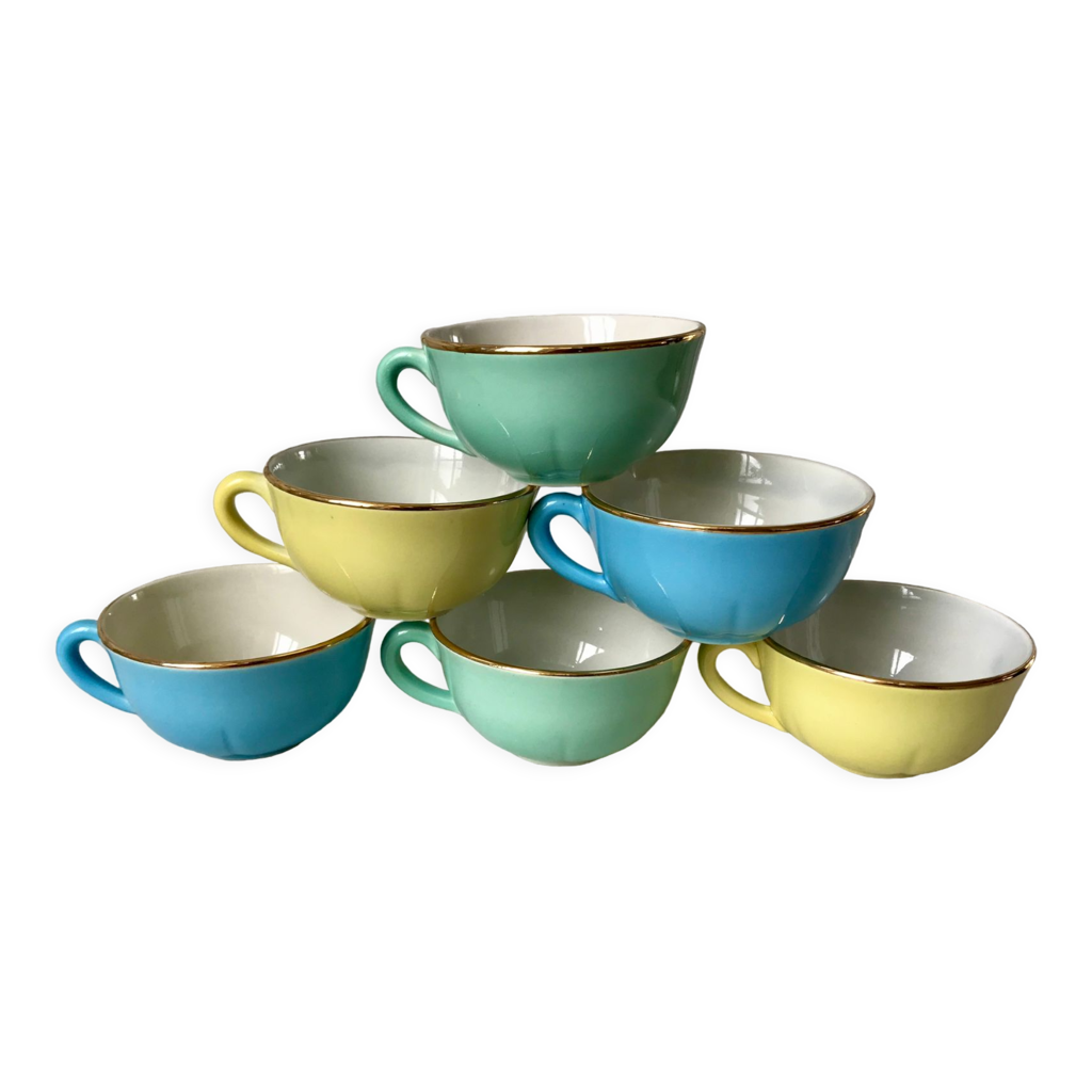 Ensemble de 6 tasses colorées Digoin Sarreguemines bleu, jaune et vert  sauge années 50 | Selency