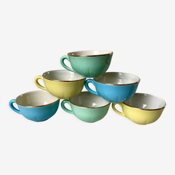 Ensemble de 6 tasses colorées Digoin Sarreguemines bleu, jaune et vert sauge années 50