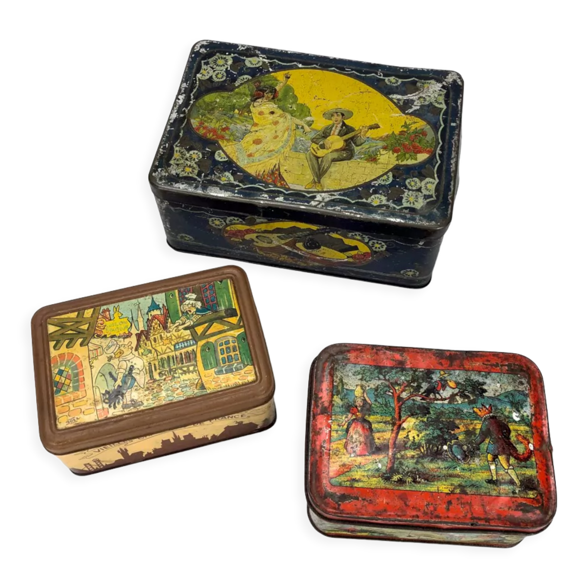 Antique lithographed tin biscuit tins
