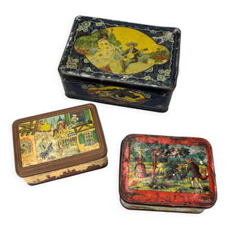 Antique biscuit tins made of lithographed sheet metal