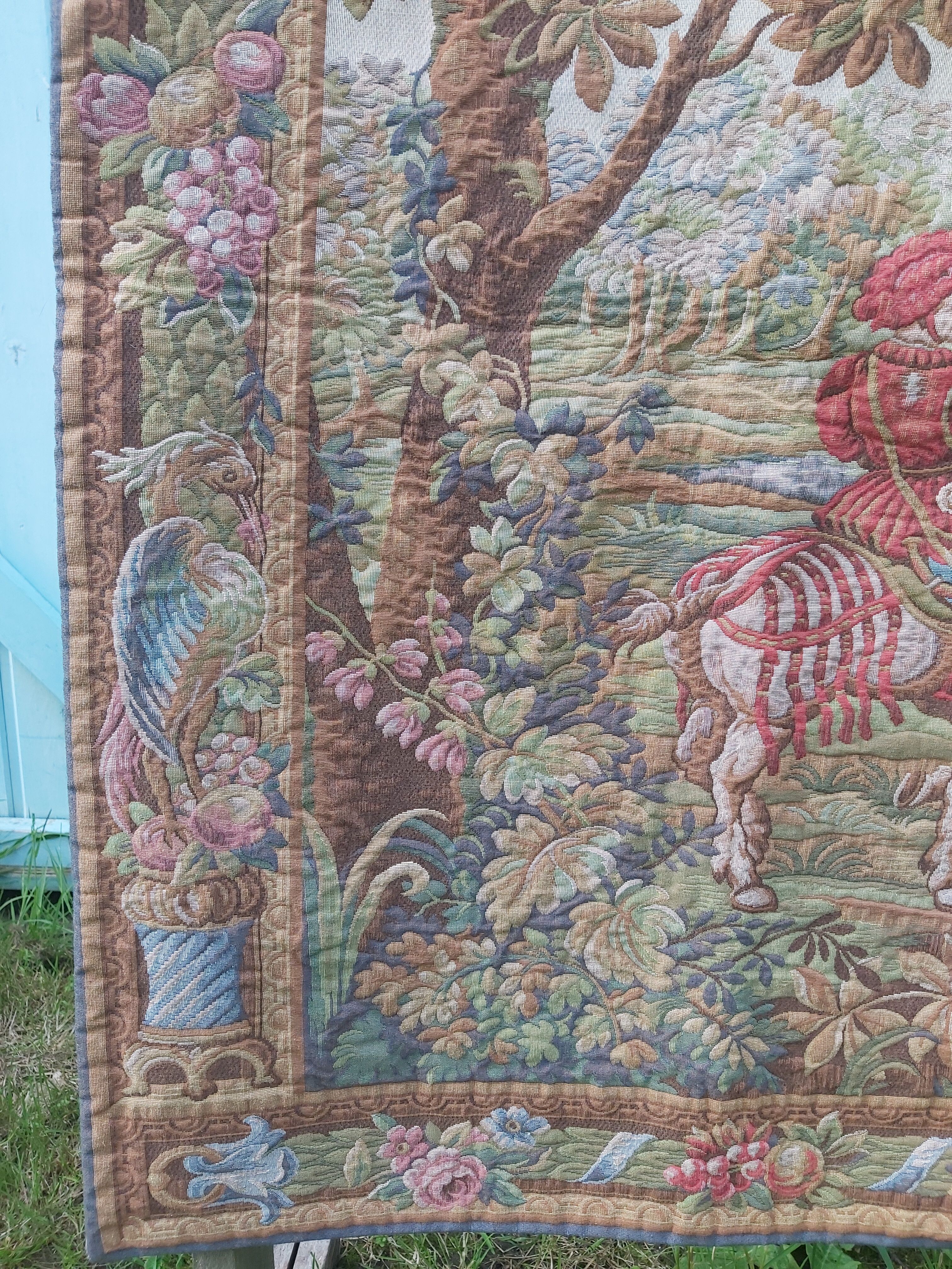 Vintage tapestry in Aubusson style. Hunting return.