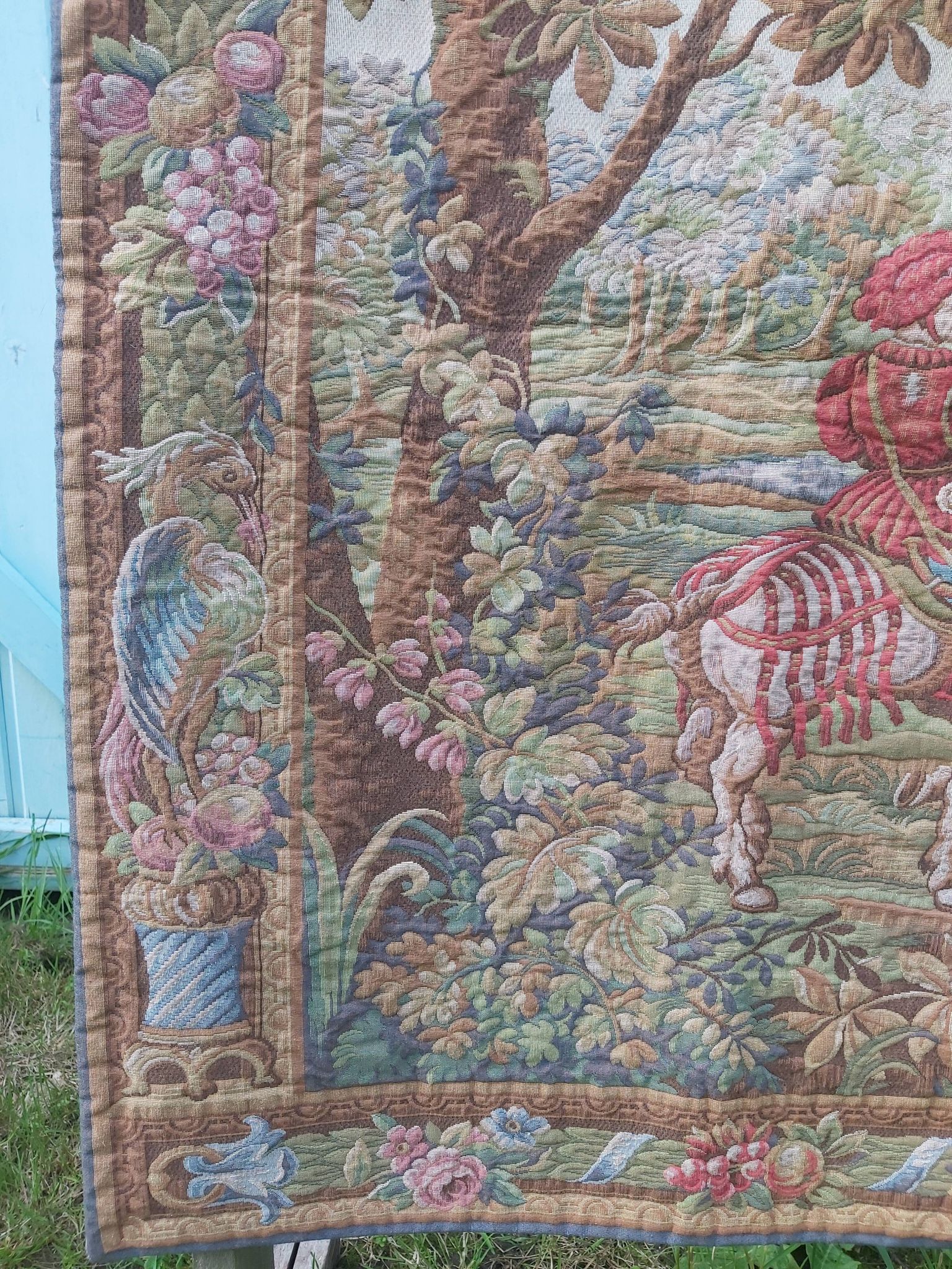 Vintage tapestry in Aubusson style. Hunting return.