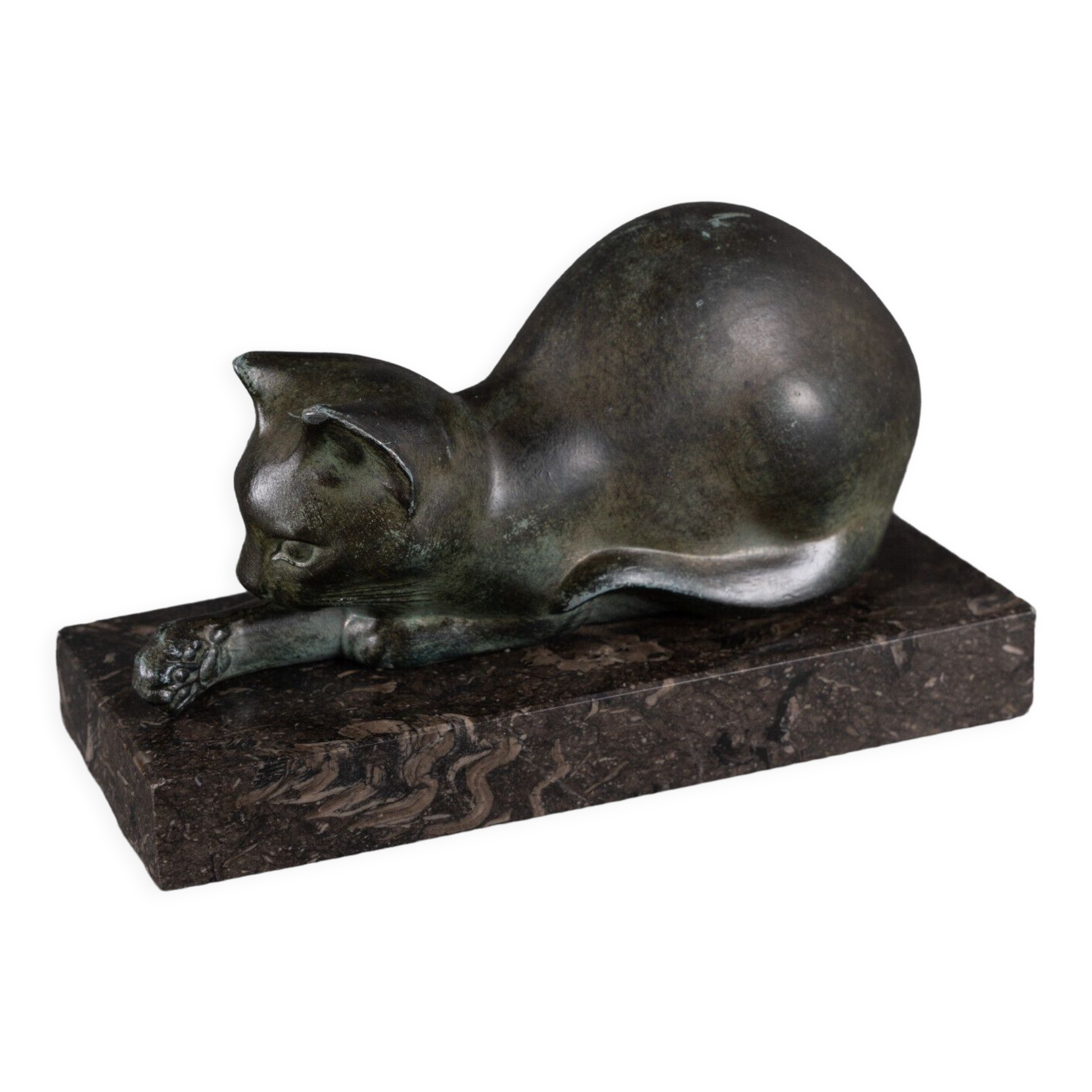 Art deco cat in regule by m. font green patina 1930 marble base