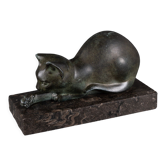 Art deco cat in regule by m. font green patina 1930 marble base
