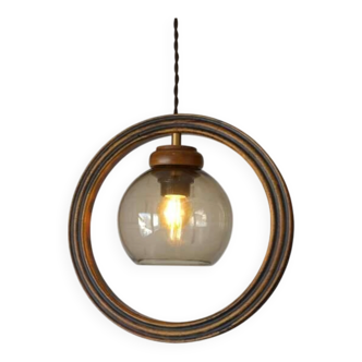 Wooden hanging light / vintage handmade rustic pendant lamp 1970's