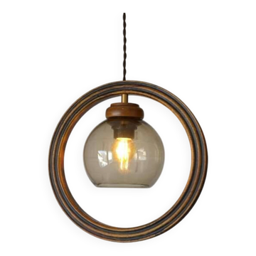 Wooden hanging light / vintage handmade rustic pendant lamp 1970's