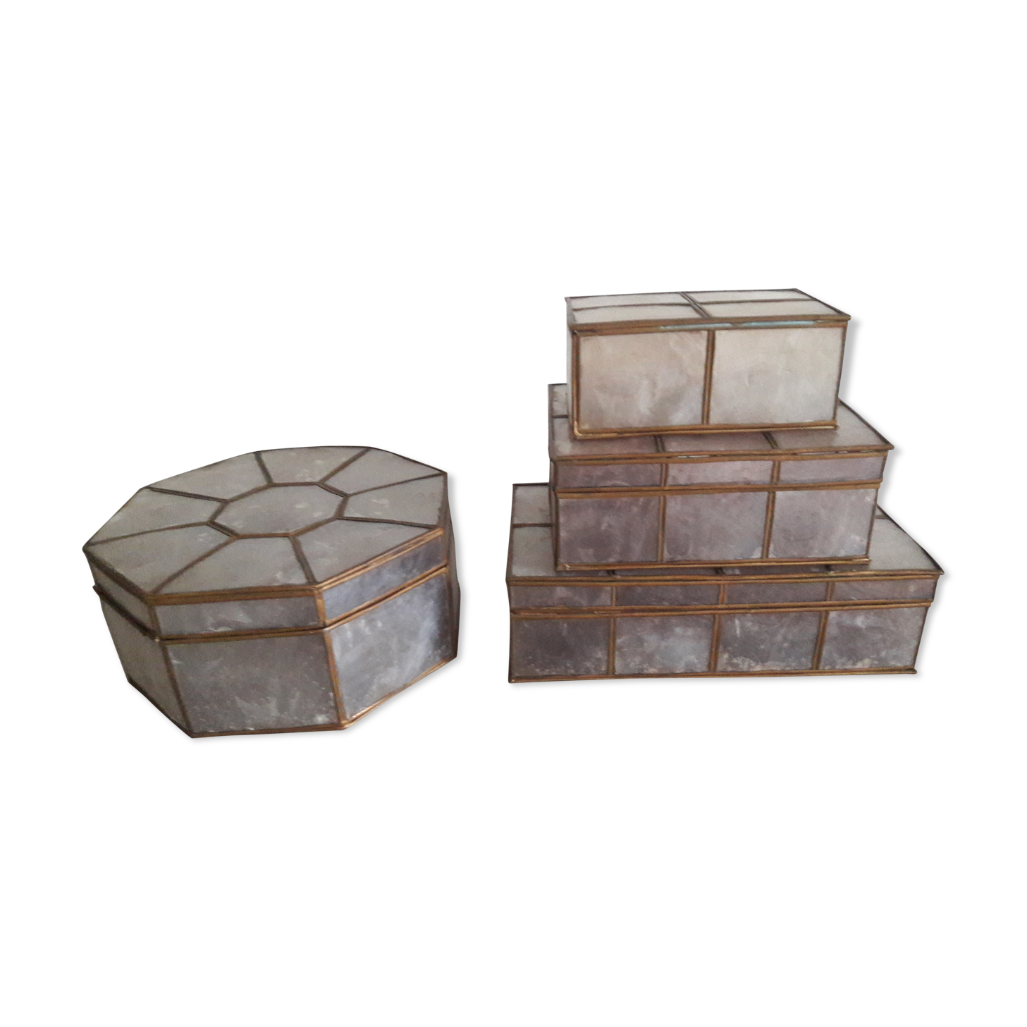 Pink brass and mother-of-pearl boxes