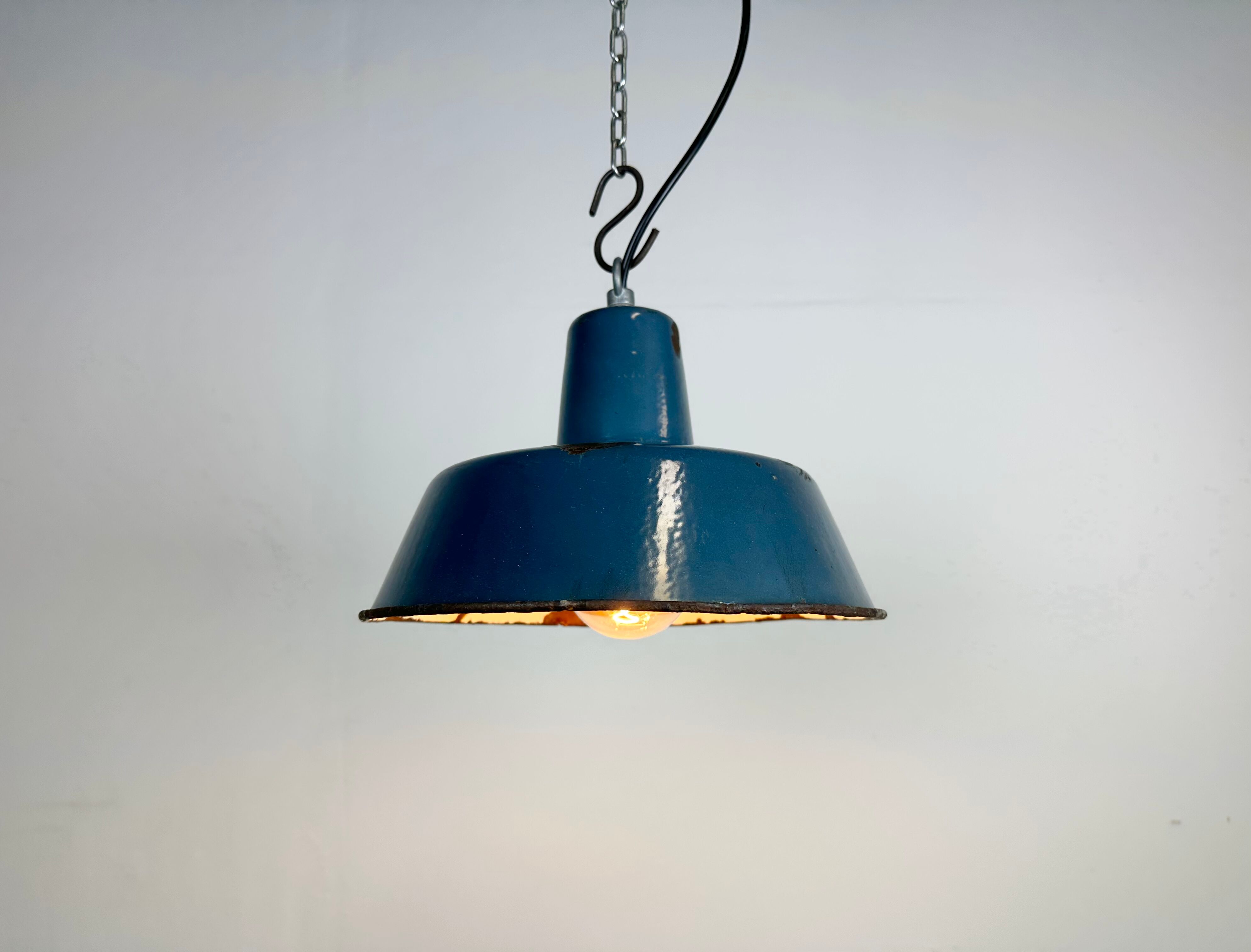 Small Industrial Blue Enamel Pendant Lamp, 1960s