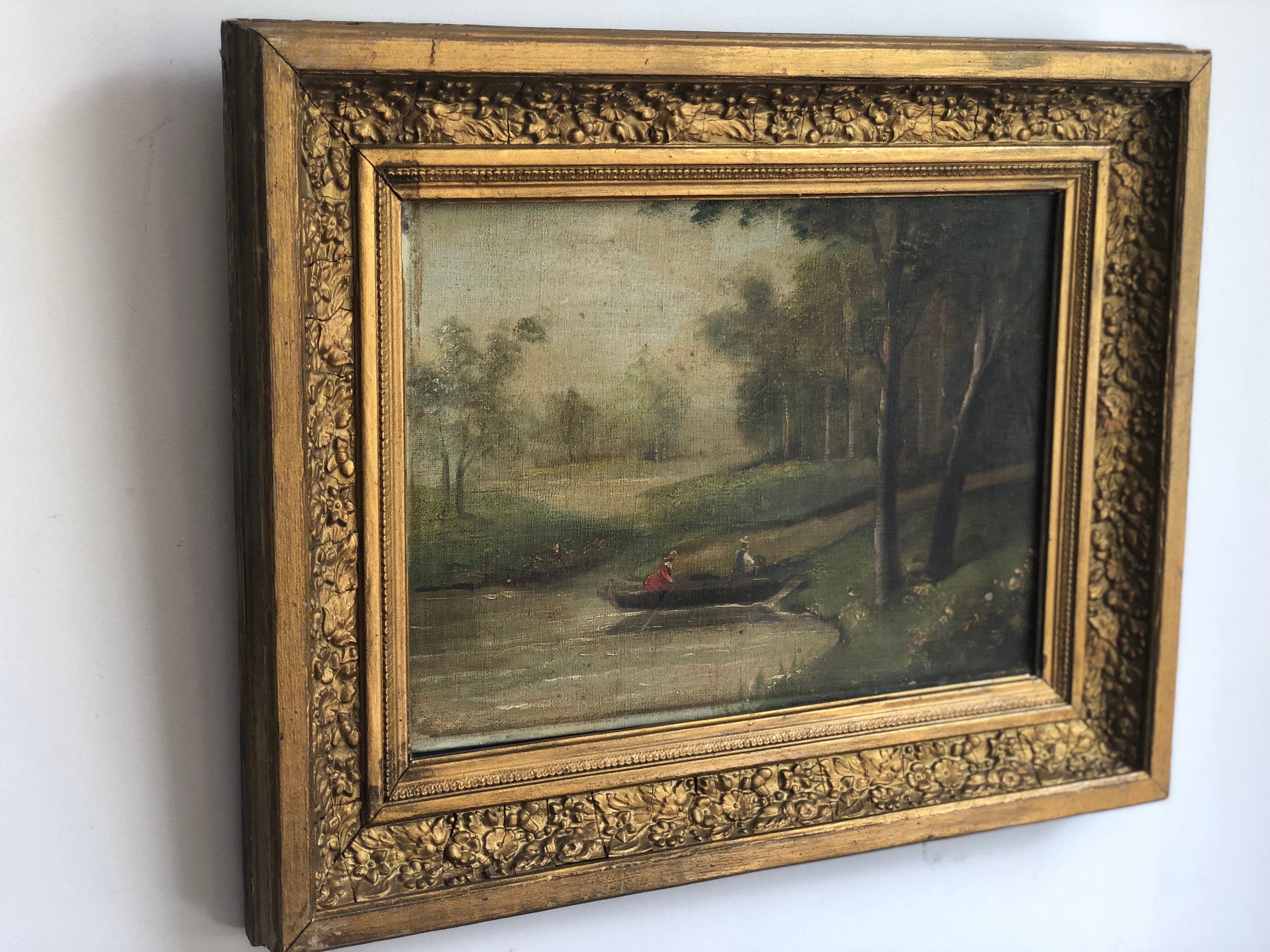 Oil on canvas framed Landscape with boat