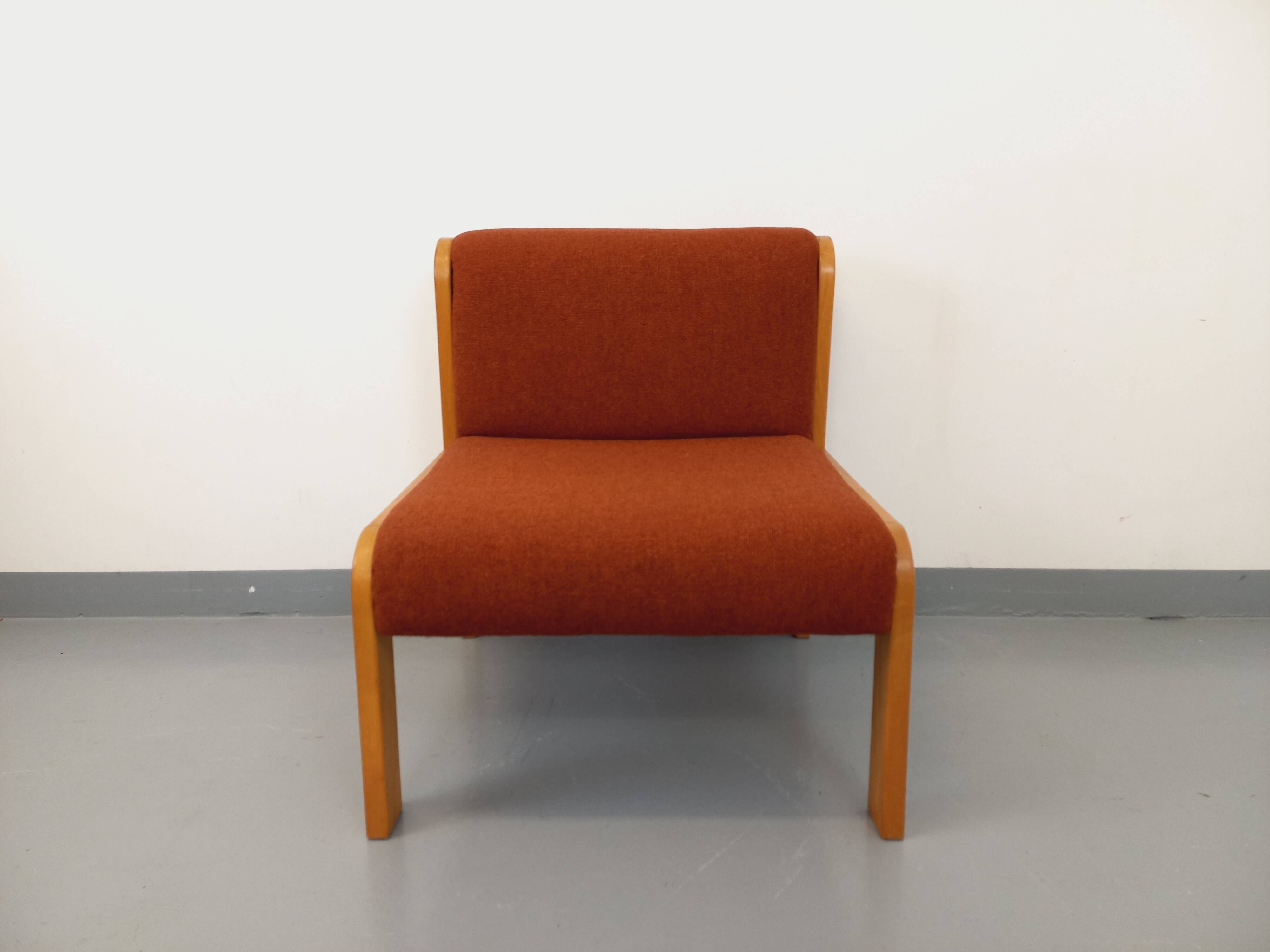 Vintage Fröscher armchair in orange fabric and wood from the 70s 80s