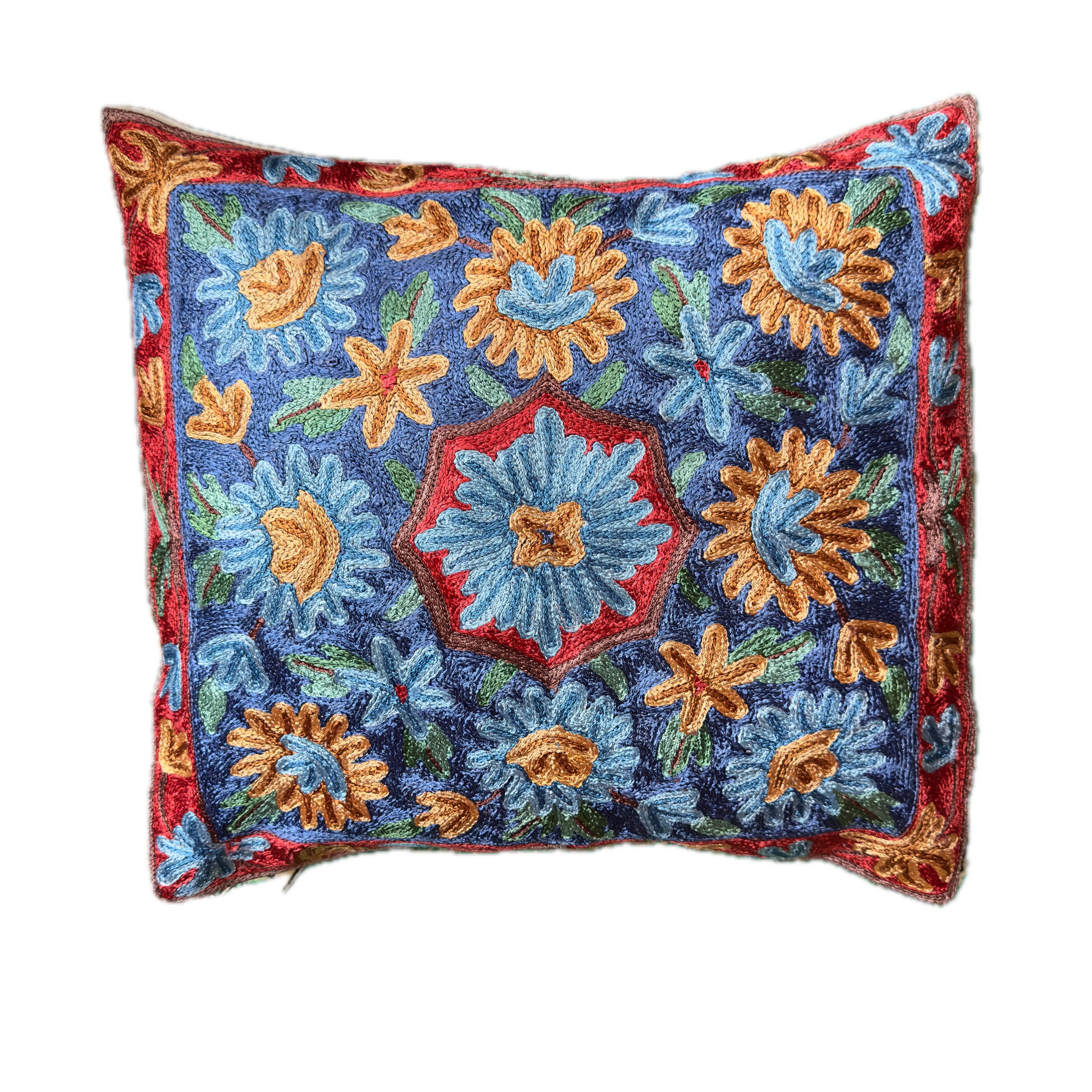 Hand-embroidered silk cushion cover from Kashmir, floral pattern 40x40 cm