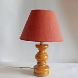Old vintage lamp in turned wood 60s/70s fabric lampshade