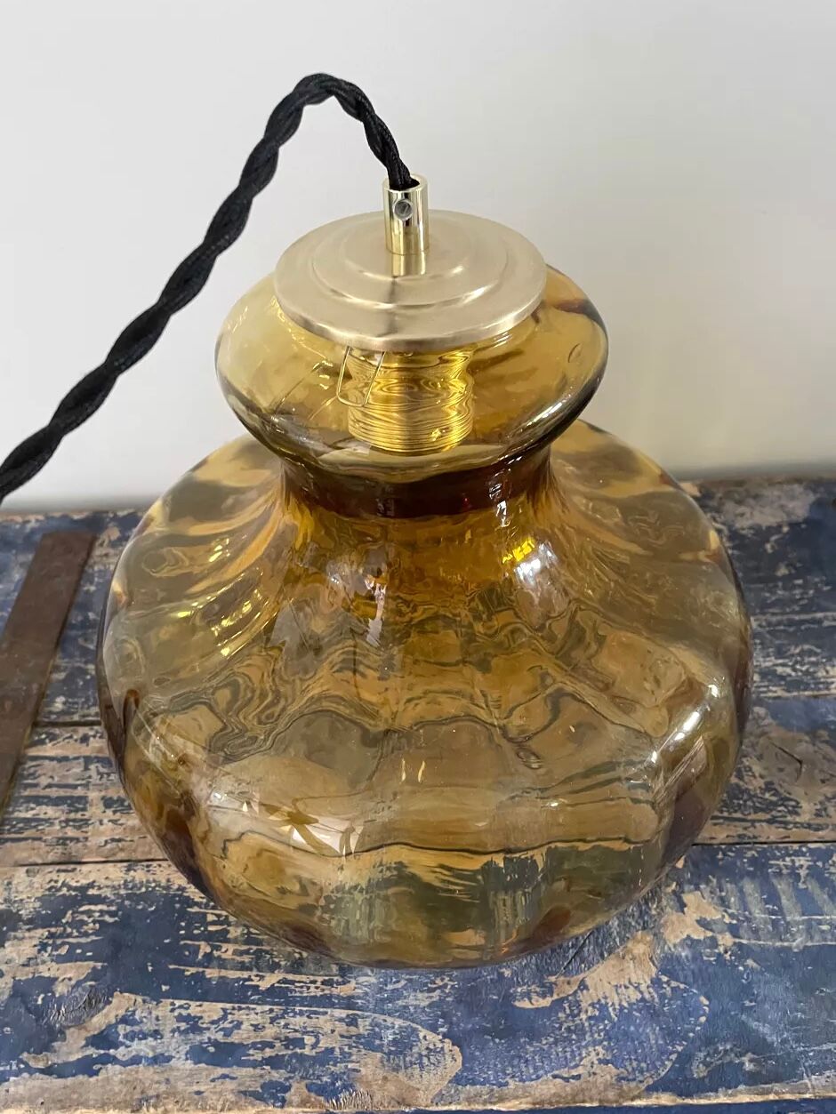 Suspension vintage en verre doré électrifiée à neuf