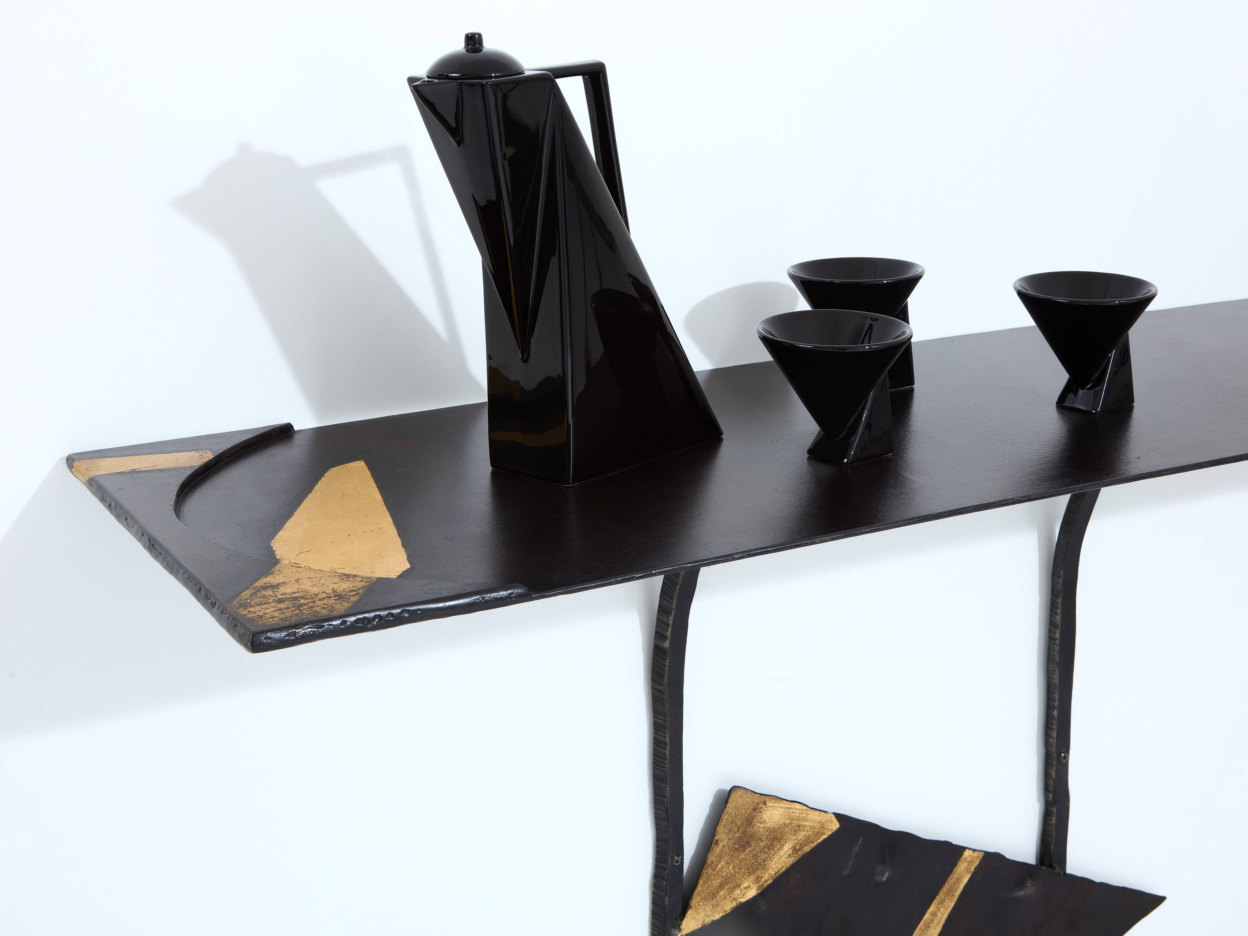 Pair of brutalist wrought iron consoles by Argueyrolles 1990