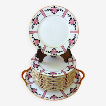 Limoges porcelain dessert service with geometric and floral decoration