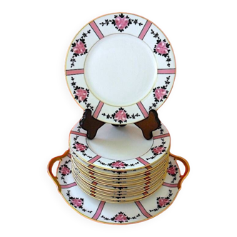 Limoges porcelain dessert service with geometric and floral decoration