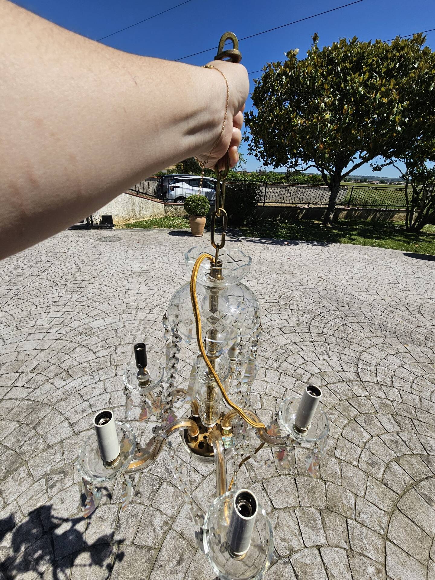 Antique chandelier with glass and crystal pendants, 5 lights, Venetian style.