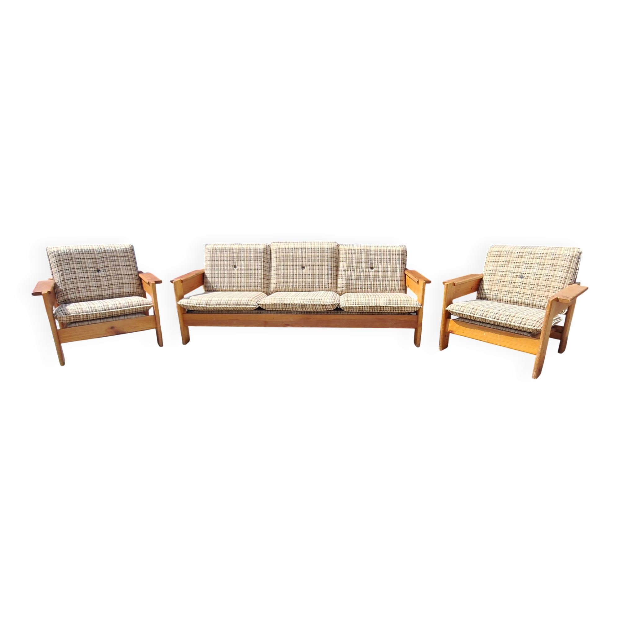 Brutalist-style bench and armchairs in 1970s pine.