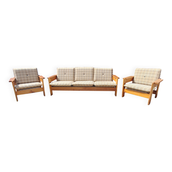 Ensemble banquette et fauteuils esprit brutaliste en pin années 70