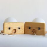 Duo of pine and opaline glass wall lights, 1980s