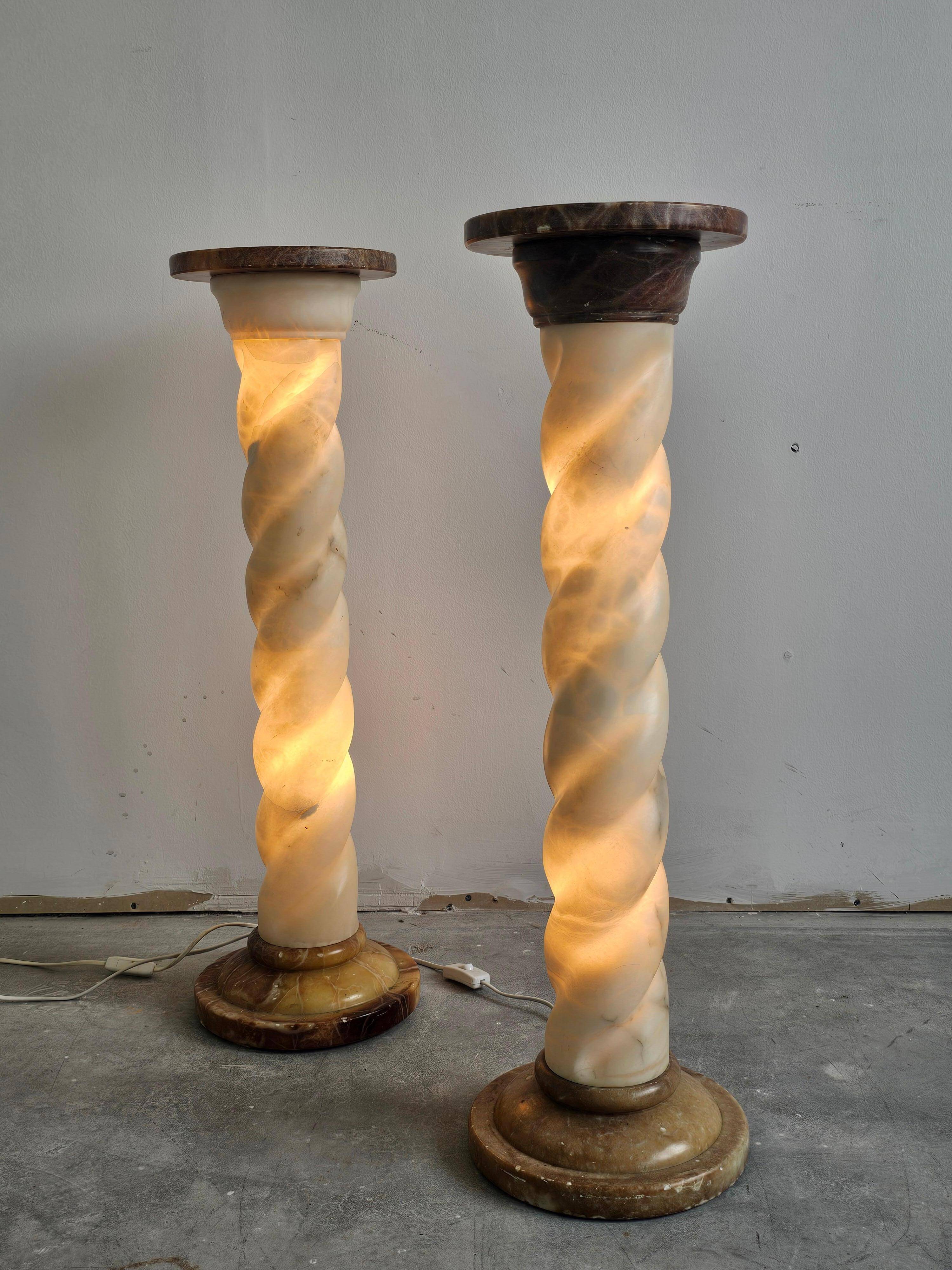 Pair of twisted column floor lamps in alabaster and marble, 1960