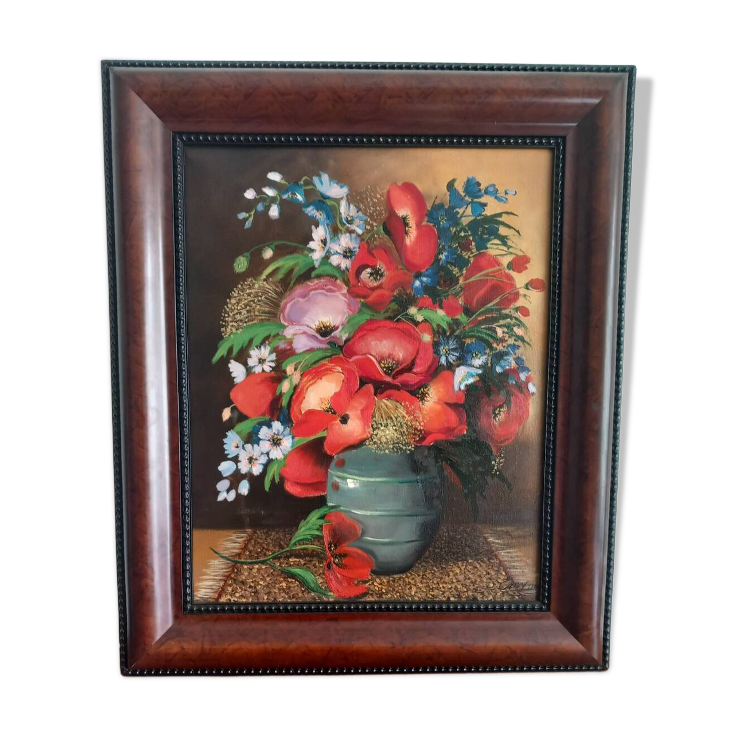 Bouquet champêtre de coquelicots dans un vase azuré EMY 1980