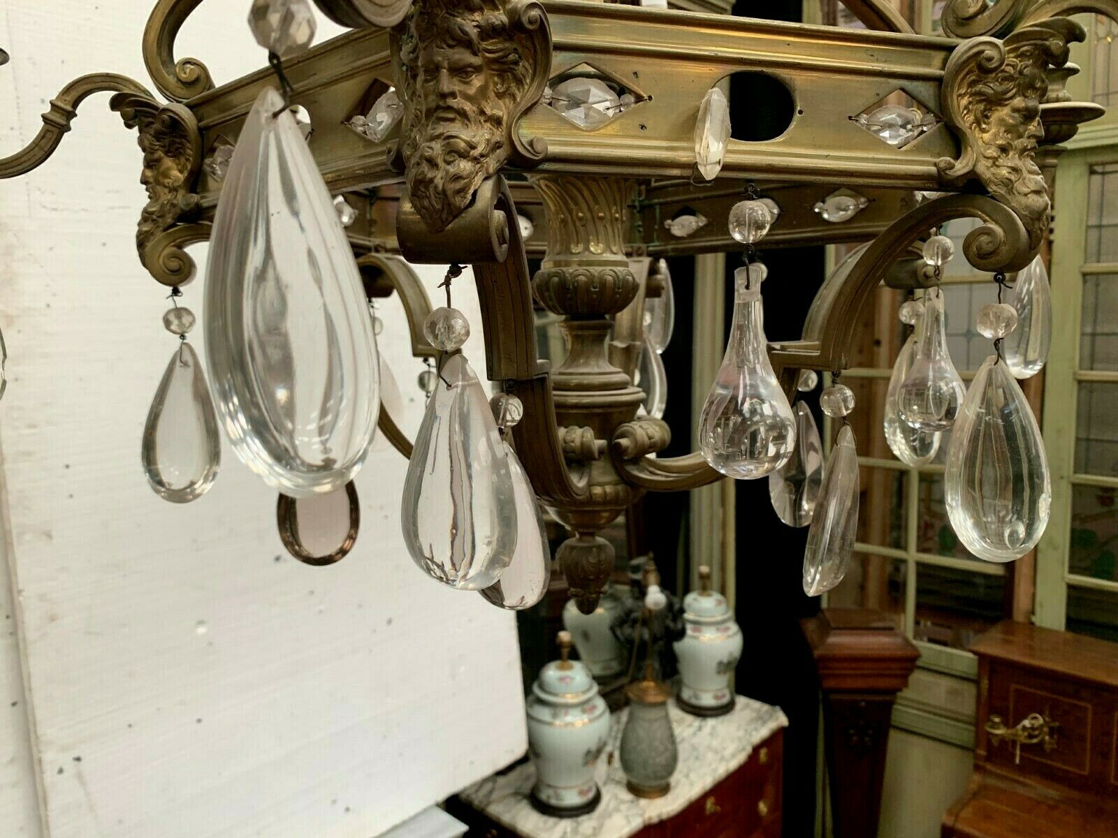 Lustre cage bronze renaissance style and colorful glass pendeloques XIX