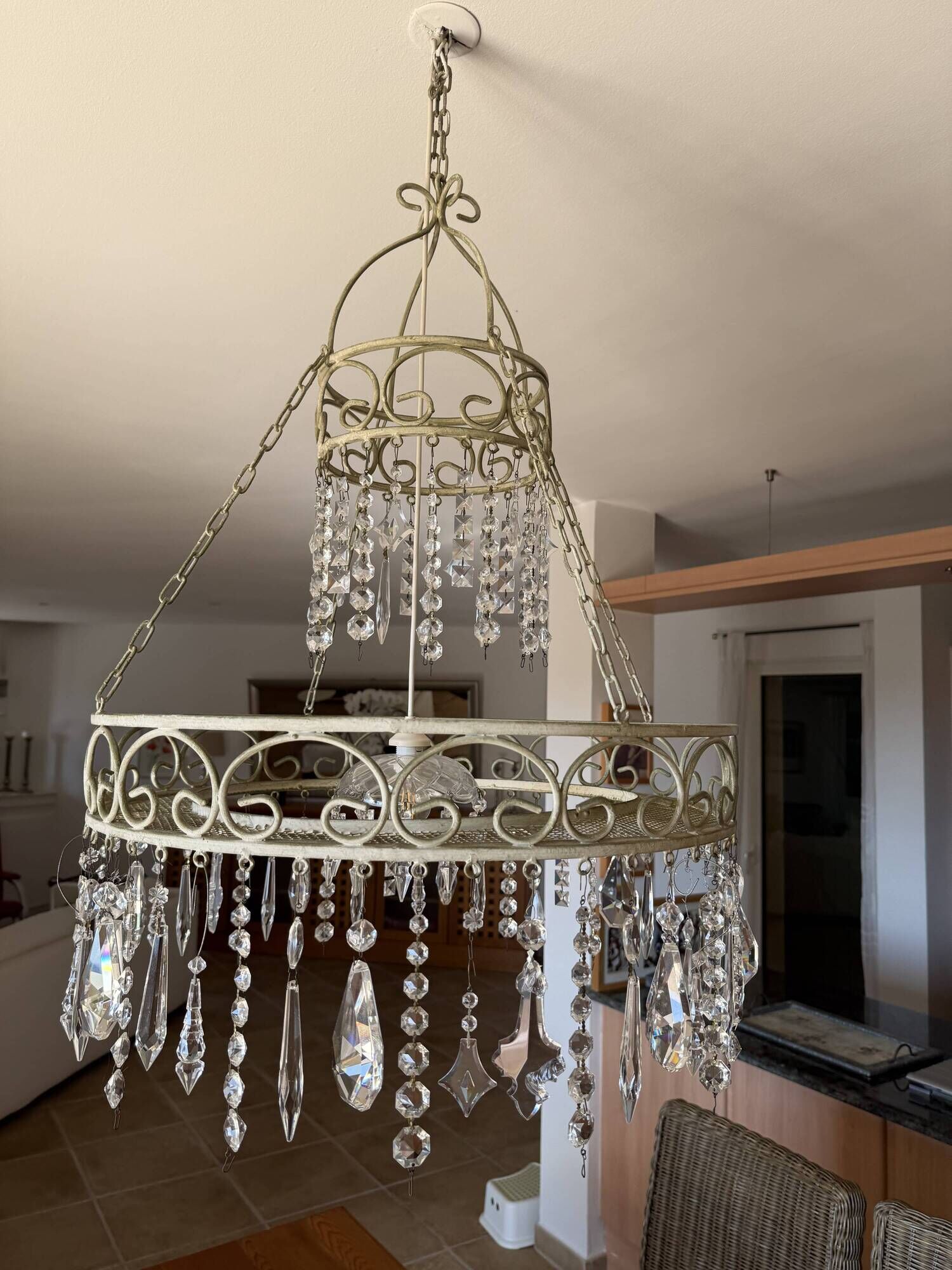 Patinated iron chandelier with pendants, romantic / shabby chic style.