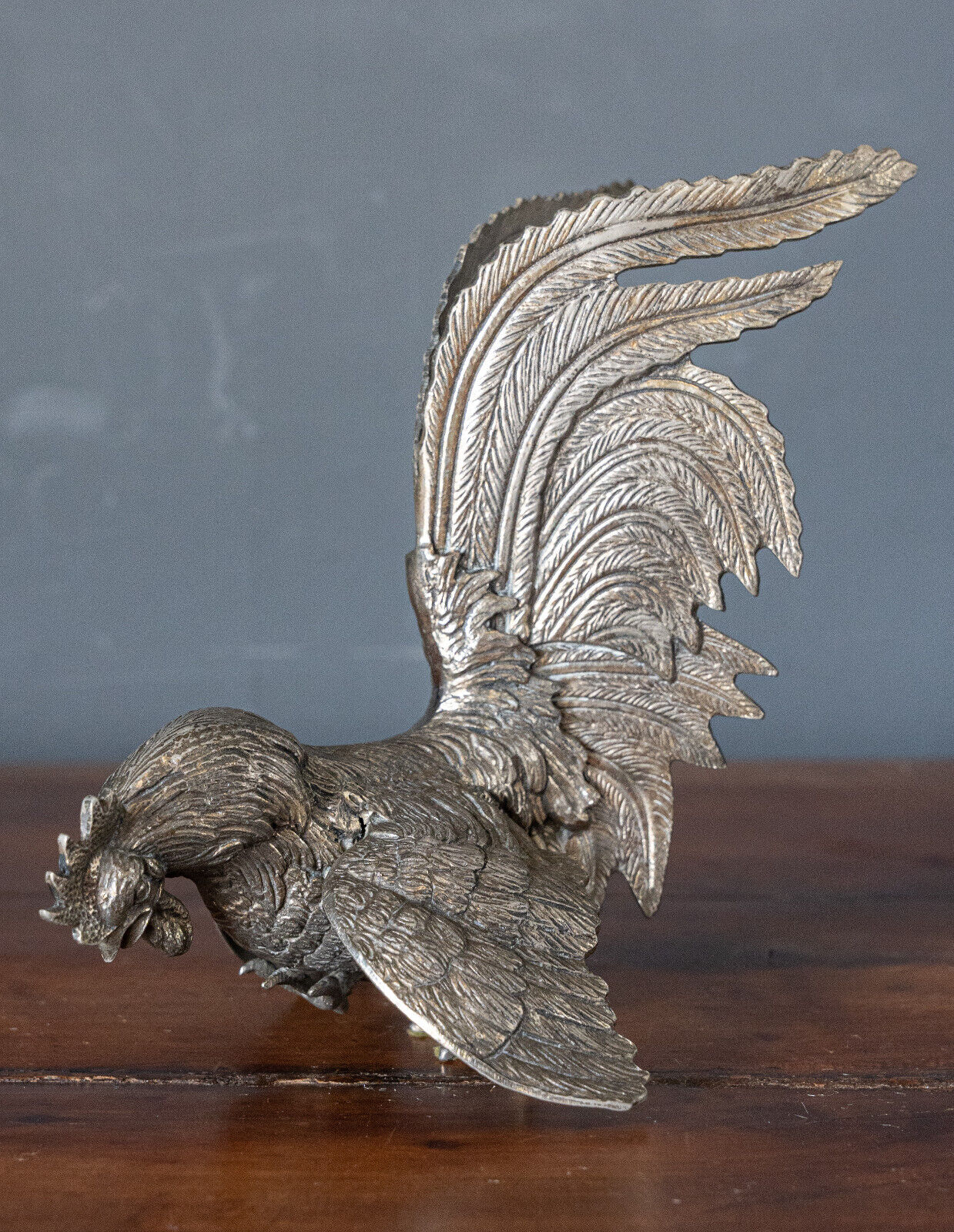 Two roosters in silver metal mid-twentieth century