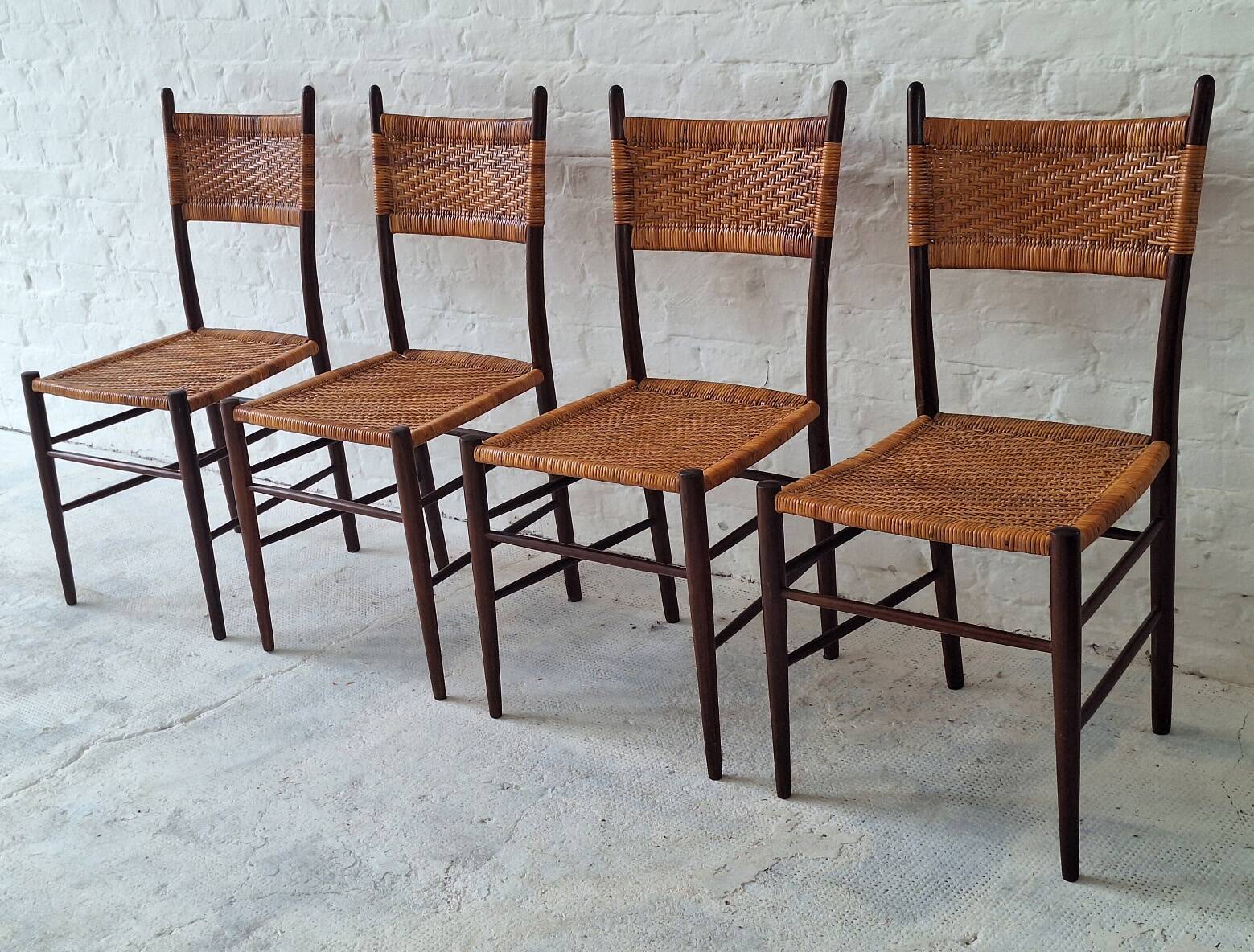 Four teak dining chairs with patinated cane after Gio Ponti, Italy 1960s