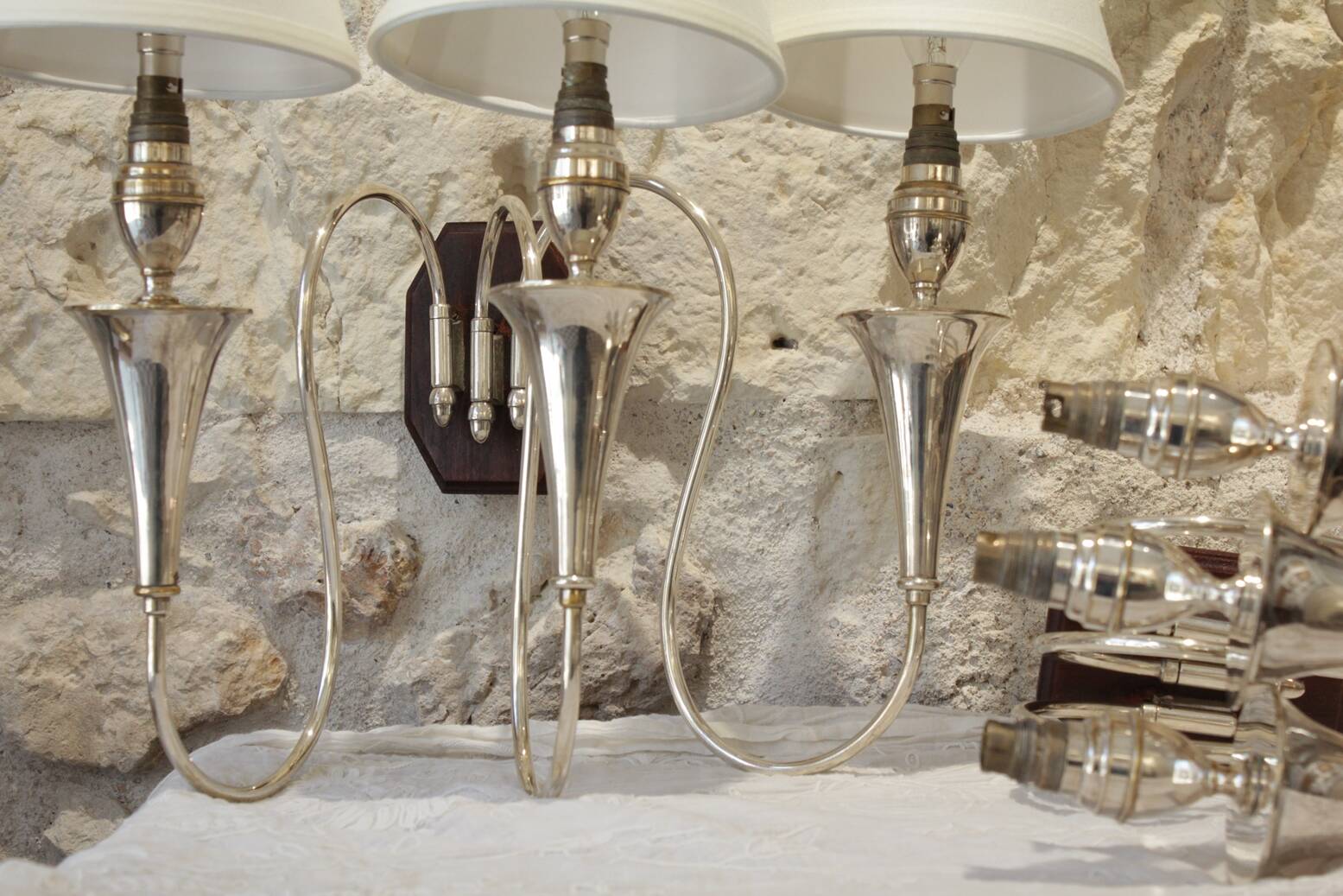 Pair of 3-arm wall lights in silver metal, 1940-1950