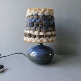 Blue stoneware lamp with wool lampshade, 70s-80s