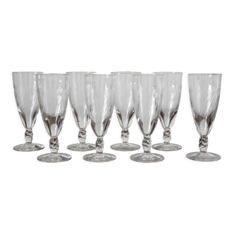 8 antique champagne flutes in engraved crystal and twisted foot