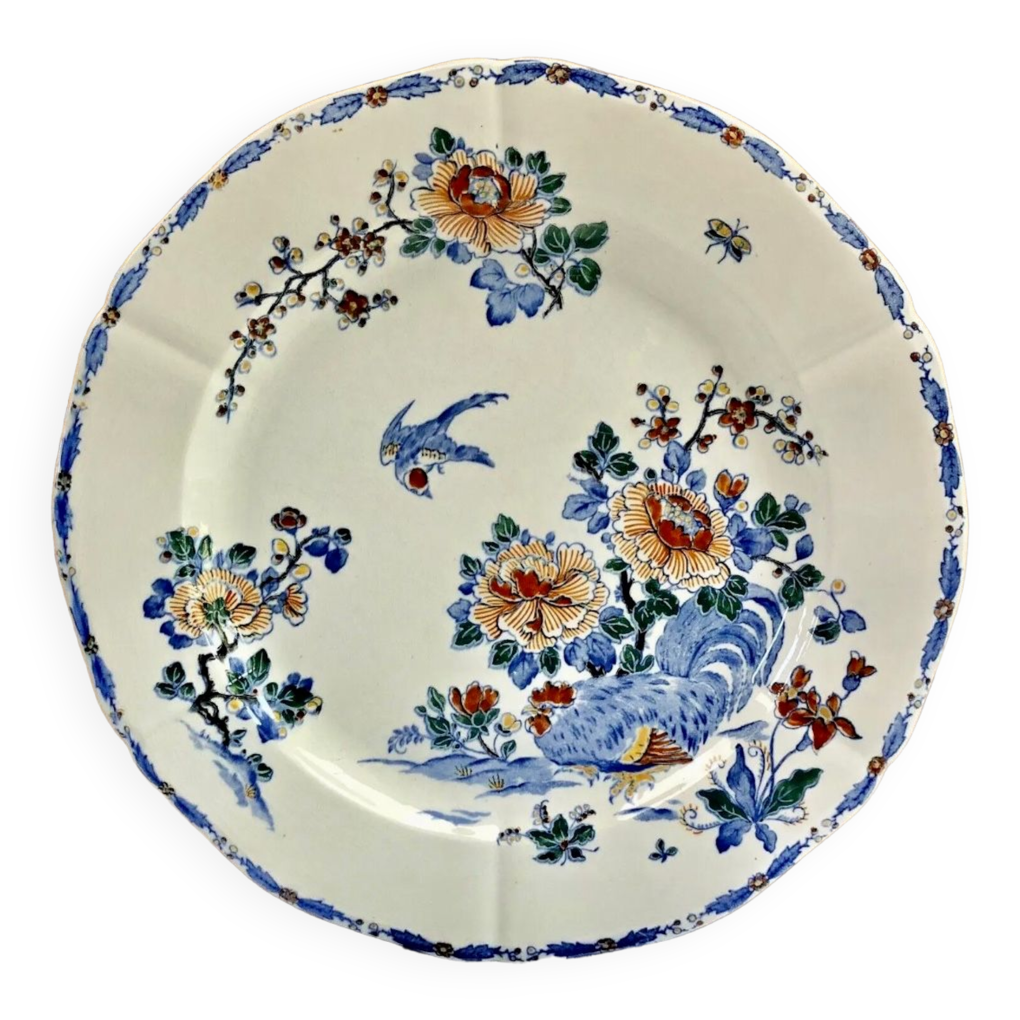 Large flat Gien rooster model and peonies 1938 1960
