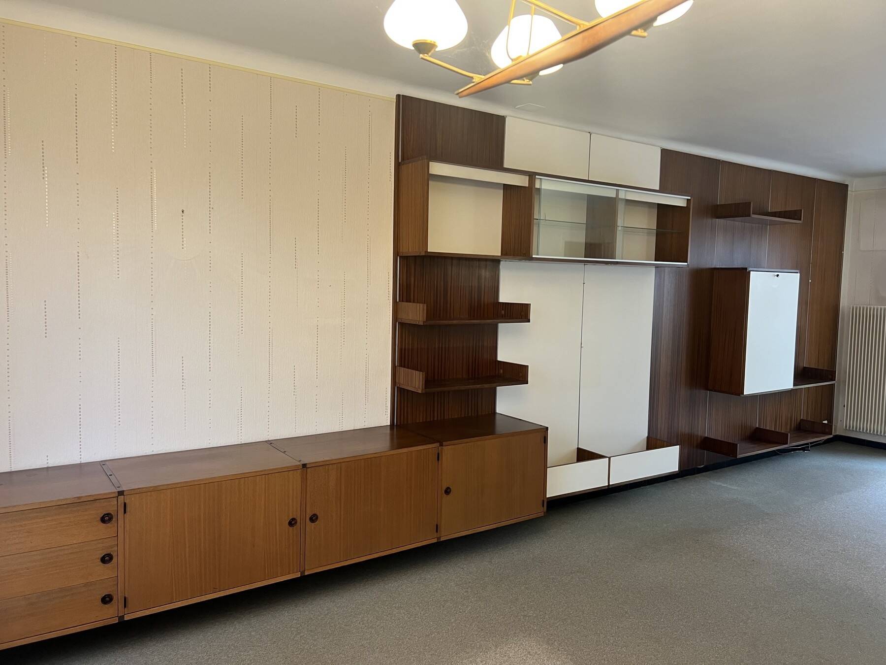 Modular Wall System in Wood Veneer, White Laminate, Glass and