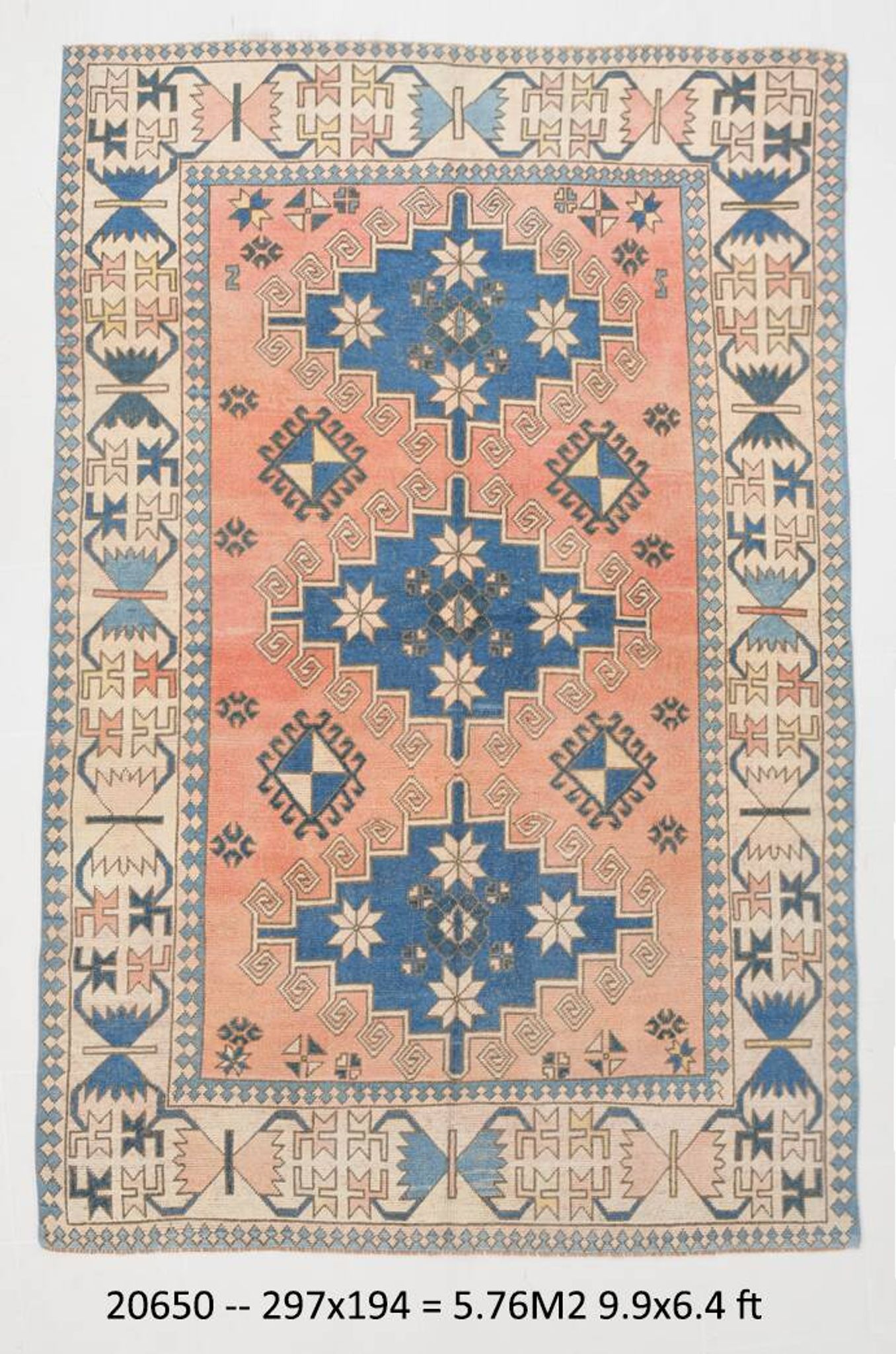 6x10 Salmon & Blue Comtemporary Vintage Rug, 194x297Cm