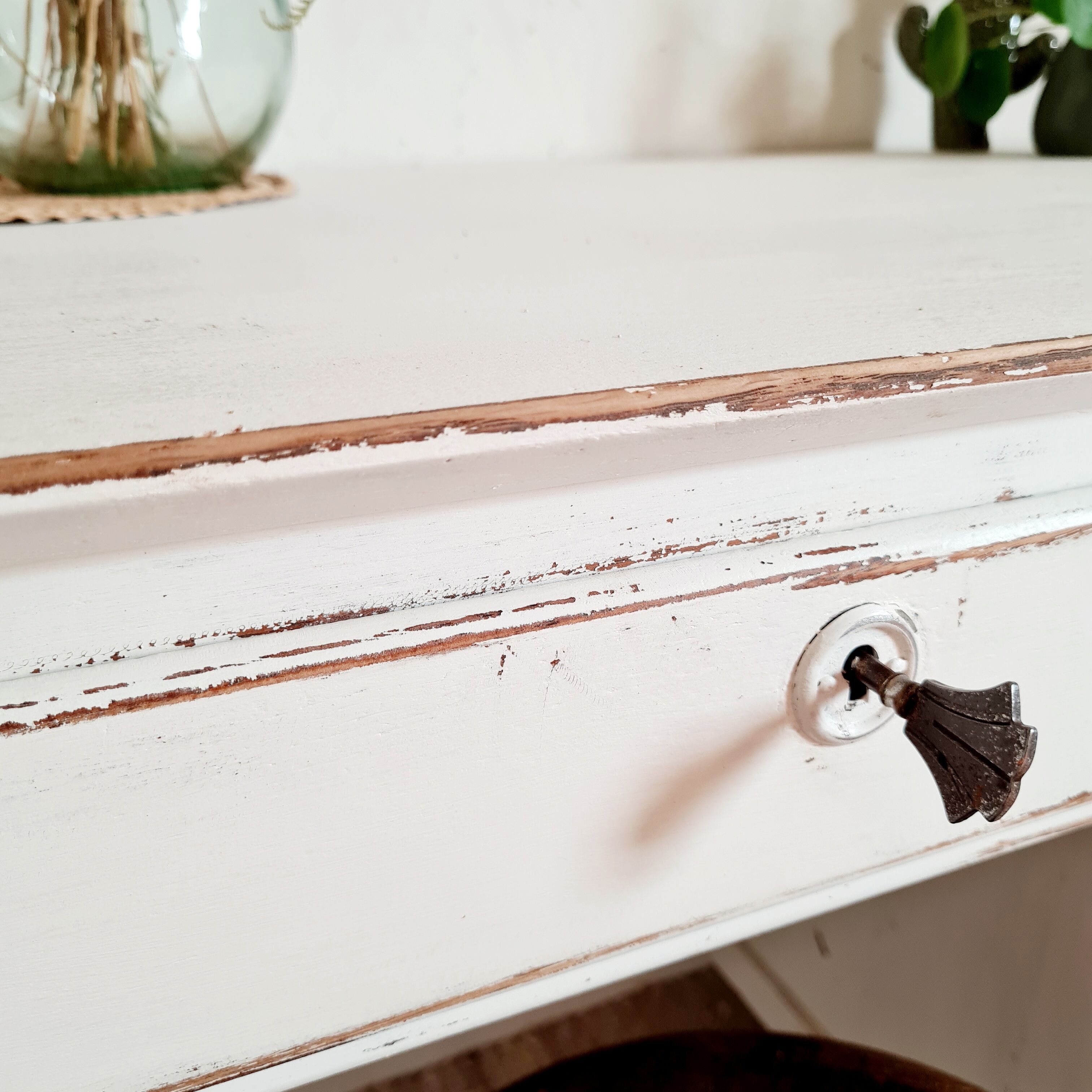Retro white oak desk patinated foot compass