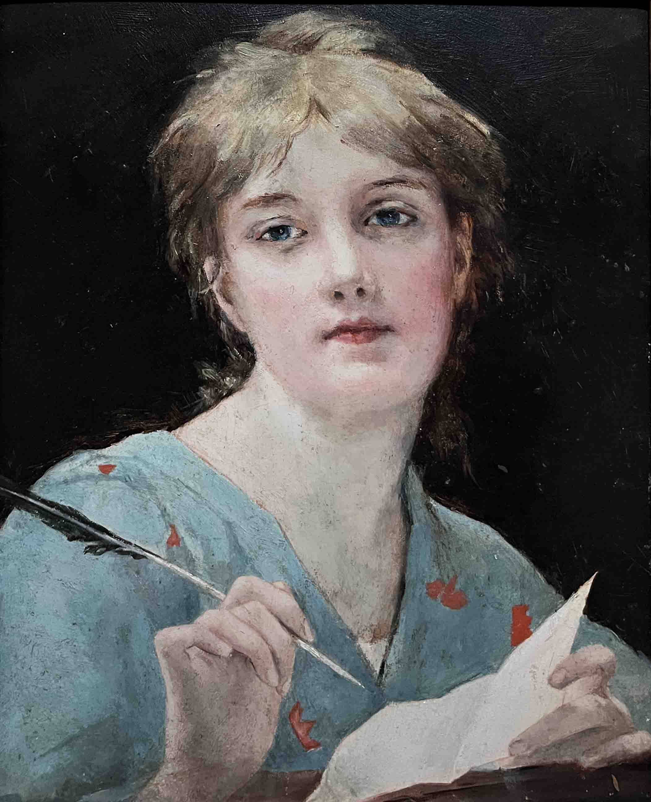 Tableau HSP circa 1900 Portrait Art Nouveau "Woman with the Letter" + frame