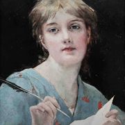 Tableau HSP circa 1900 Portrait Art Nouveau "Woman with the Letter" + frame
