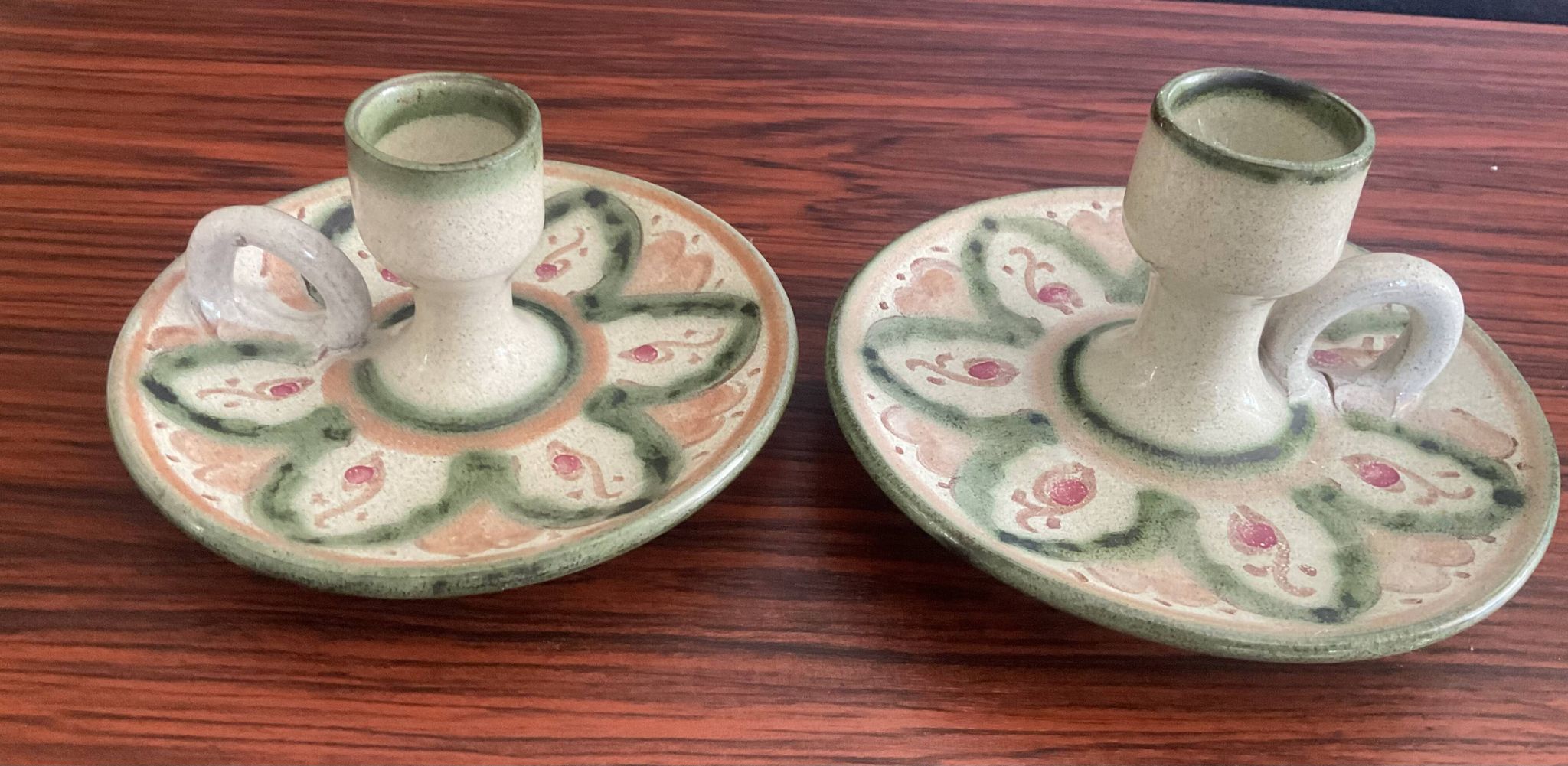 Paire de bougeoirs vintage rat de cave en terre cuite émaillée