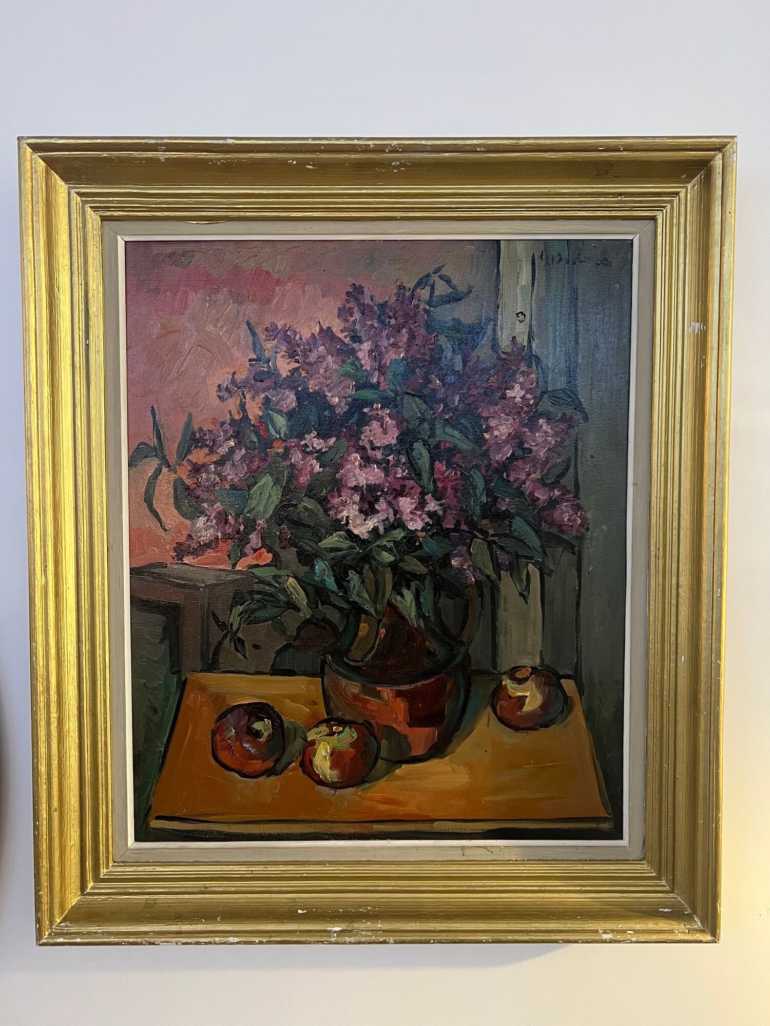 Painting, still life with lilacs, bouquet of flowers