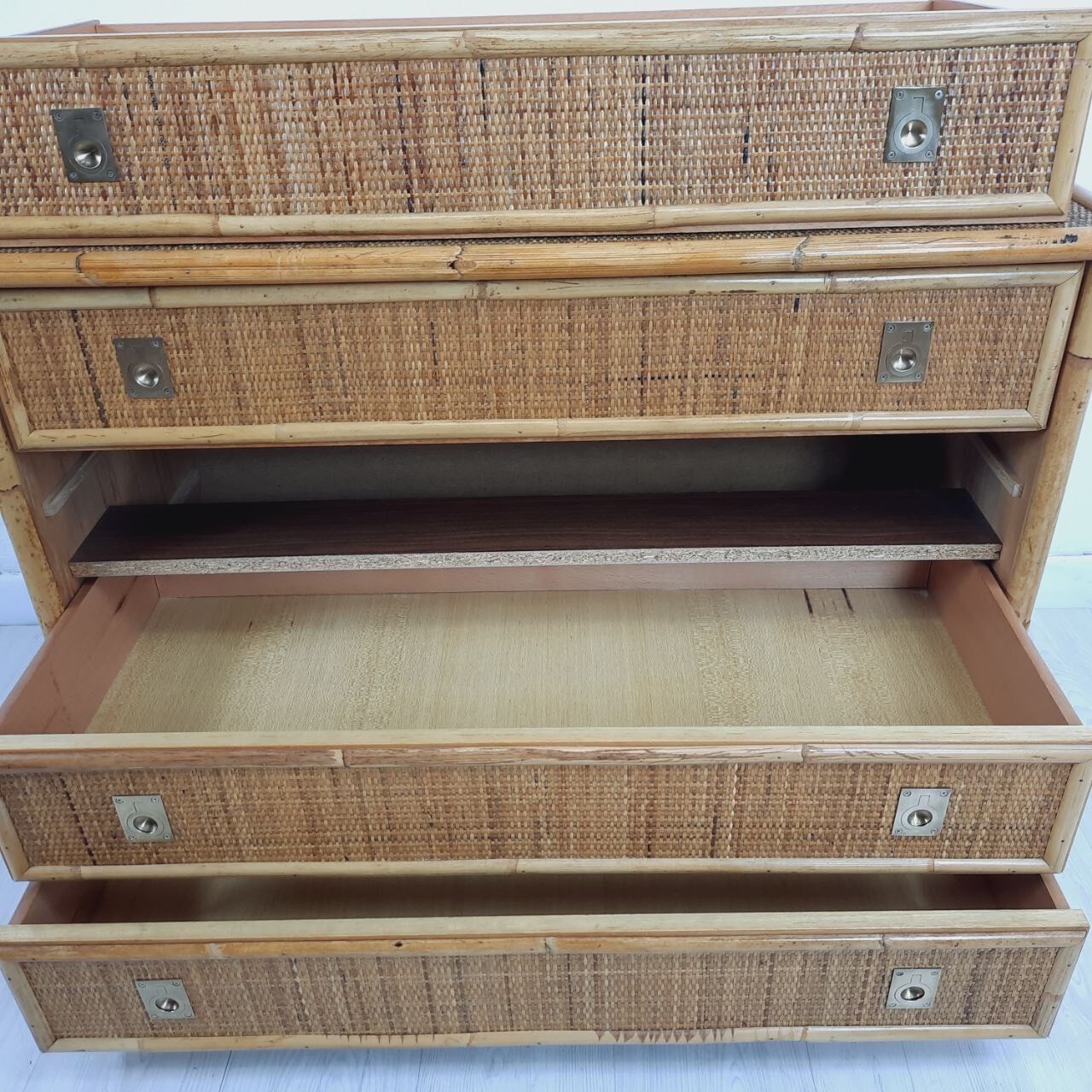 Chest of drawers, dresser, 1960s, Dal vera, bamboo and wicker, brass handles